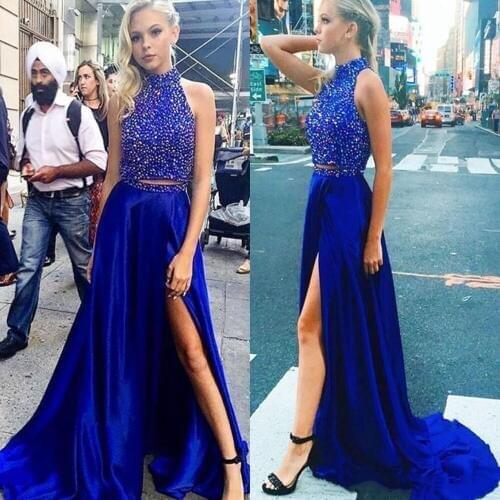 2020 Beadings Two Pieces Prom Dresses A Line Halter Neck Split Sexy Women Evening Gowns Long Vestidos Party Celebrity Gowns