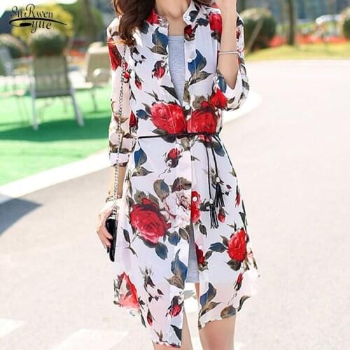 2021 Summer New Wild Printing Splicing Thin Clothing Female Chiffon Women Sun Protection Clothing Long Beach Cardigan 3555