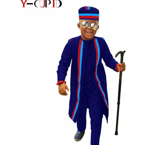 African Clothes for Kids Bazin Riche Baby Boys Outfits Wax Robes Top and Pants Hat Sets Children Clothing Party WeddingYS204018