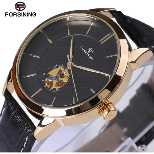Forsining Classic Business Series Black Golden Case Leather Strap Clock Mens Watches Top Brand Luxury Automatic Mechanical Watch