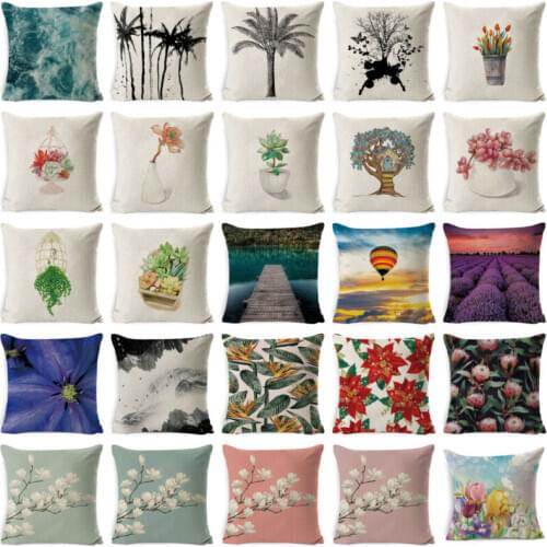 18'' Plant Flowers Cotton Linen Throw Pillow Case Soft Back Cushion Room Gifts Single Sides Printing Cover Home