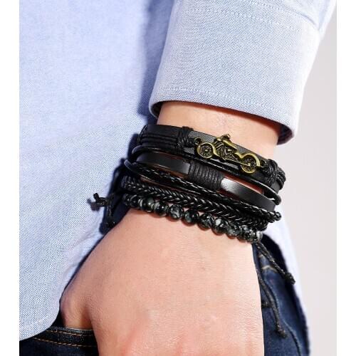 Black Leather Bronze Motorcycle Handmade Weave Leather Bracelet Charm Natural Stone Beads Men Bracelets Homme Male Jewelry