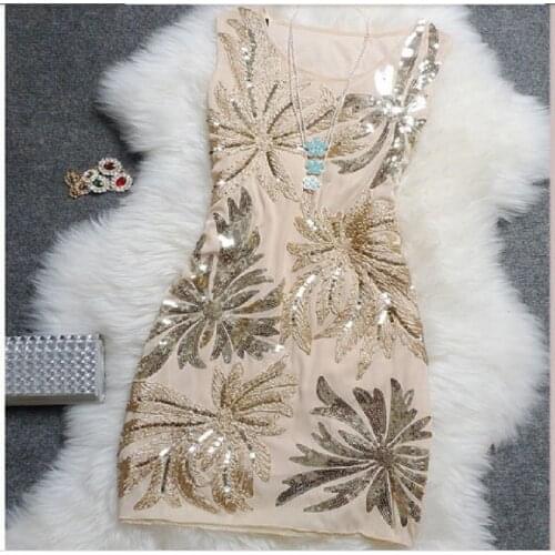 Elegant Jacquard Embroidered Sequins Retro Flowers Beaded Slim Belly Mesh Dress Wild Vest Dress Vestidos Bandage Bodycon Dress