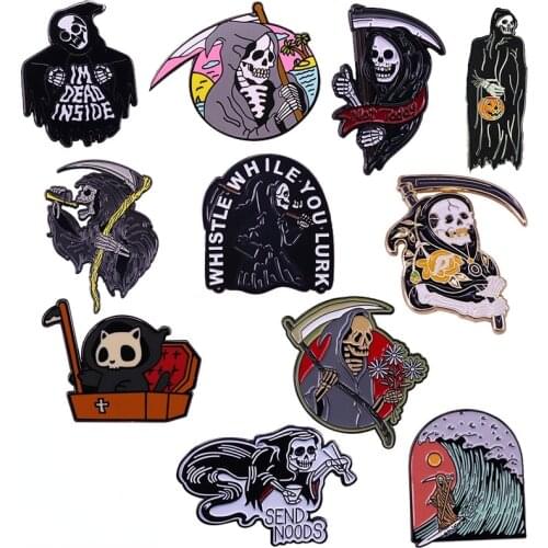 Grim Reaper Enamel Pin Cat Coffin Death Brooch Surfing Ghost Beach Wave Badge Goth Horror Halloween Jewelry