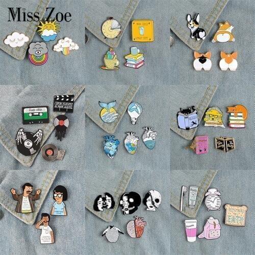 3~6pcs/set Mixed theme Enamel Pin Cat Dog Book Read Ocean Wave Heart Brain Mermaid Custom Brooch Lapel Pin Badge Cartoon Jewelry