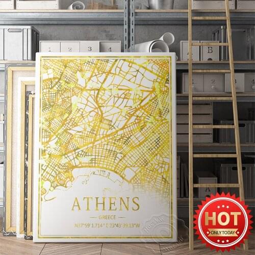 Greece Athens City Travel Art Map Poster, Athens Street Map Decor Wall Picture, Gold Foil Art Map Home Decor, Wall Art Mural