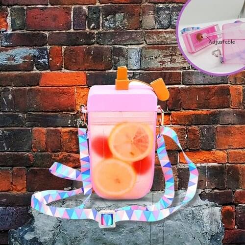 Cute Kids Water Bottles with Straws, Ice Cream Popsicle Leakproof Plastic Drink Water Bottles, Adjustable Shoulder Strap