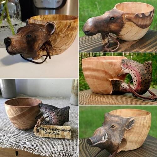 Delicate Water Mug Hand Carved Wooden Cup Fox Crafted Nordic Style Wood Camp Mug Animals Head Image Cup Milk Cup for Home