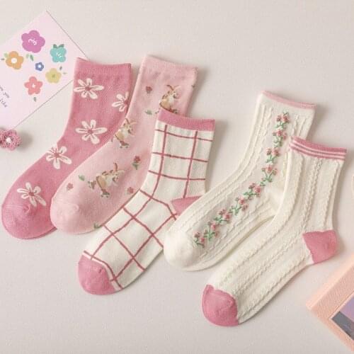 Socks Female Japanese Cute Cartoon Pink Flower Stockings Korean Version Ins Trendy Tube Womens Socks Manufacturers long socks