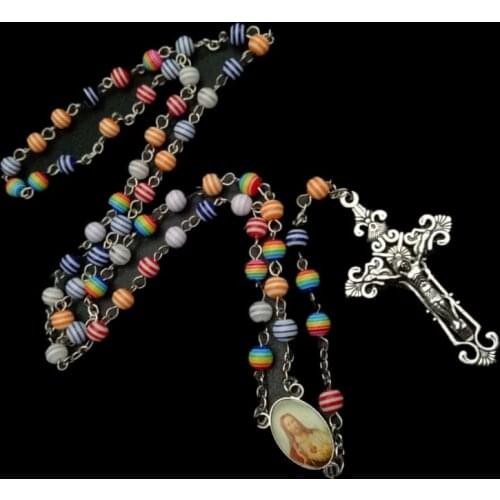 Colorful Handmade Religious Cross Pendant Rosary Necklace Christ Chain Round Beads Choker Rainbow Resin Jewelry For Unisex