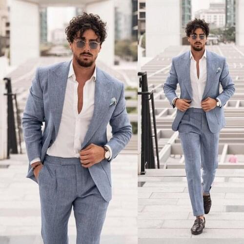 Handsome Summer Mens Customized Wedding Tuxedos Slim Fit One Button Jacket Business Party Prom Blazer 2 Piece
