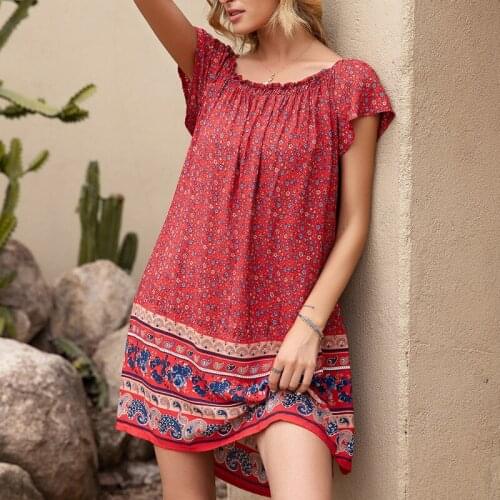 Bohemian Slash Neck Elasticity A-line Women Dress Beach Summer Floral Patchwork Ethnic Print Short Sleeve Fashion Female Dresses