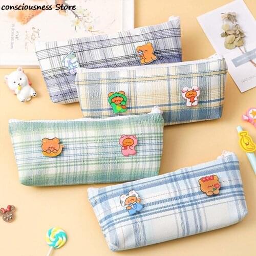 Simple Japanese Plaid Shape Canvas Pencil Case Stationery Storage Bag Student School Office Stationery Not Contain Brooches