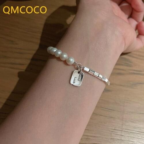 QMCOCO 925 Silver Letter Good Lucky Pearl Bracelet Woman INS Design Delicate Light Luxury Summer For Women Jewelry Accessories
