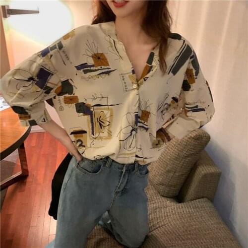 Oversized Shirt Casual Three-quarter Sleeve Shirts Blouse Summer V-neck Printed Women Top