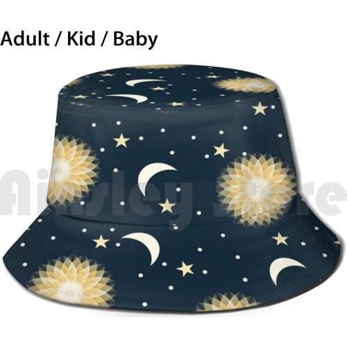Flowers , Moons And Stars Pattern Sun Hat Foldable UV Protection Flowers Moons Stars Pattern Yellow Cream Surface