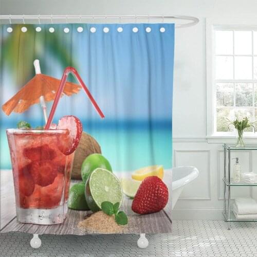 Green Drink Fruit Cocktail on Beach Summer Shower Curtain Polyester Fabric 72 x 72 Inches Set with Hooks