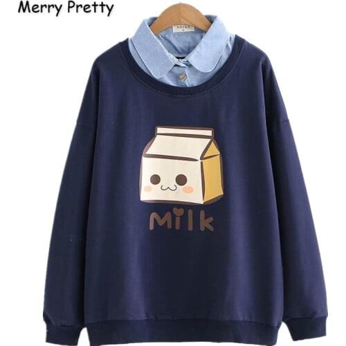 Merry Pretty Women Cartoon Milk Print Navy Hoodies 2020 Autumn Winter Winter Long Sleeve Turndown Collar Sweatshirts Pullovers