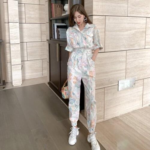 New arrival fashion korean spring women streetwear OL temperament casual print tooling style loose sportwear slim long jumpsuit