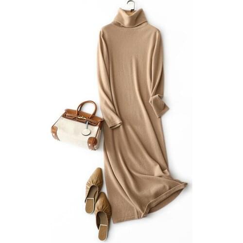 Luxury 100% cashmere turtleneck dresses women knitted elegant winter warm pullovers ladies loose sweater dress jumper