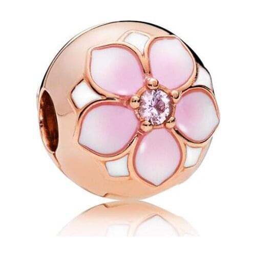 Genuine 925 Sterling Silver Magnolia Bloom Rose Clip Beads Charms Fit Women fashion Charms Bracelets & Necklace Jewelry