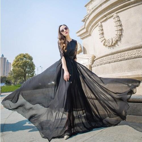2018 Summer Womens Sexy Hollow Slim Dress With Lace Half Sleeve Long Black Dresses