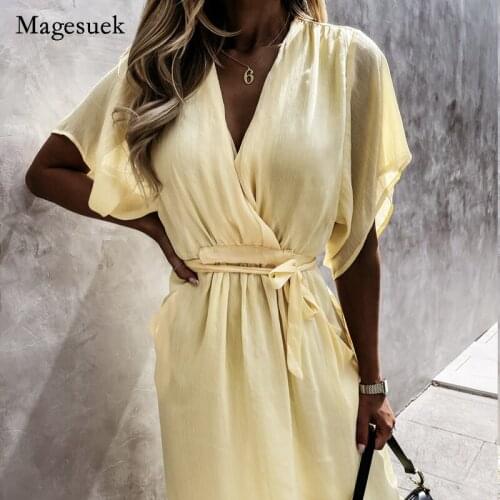 2021 Vintage Summer Dress for Women Chiffon Solid Bandage V-Neck Dress Casual Simple Office Lady Loose Long Dress Vestido 14466