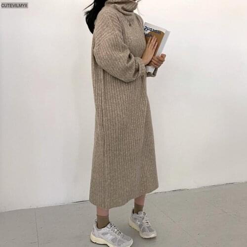 Woman Sweater Dress Autumn Winter Casual Knitted Pullovers Korean Loose Style Turtleneck Clothes Long Sleeve Fashion