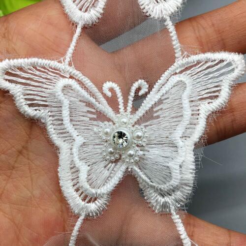 20Pcs Butterflies Vintage Bead Diamond Lace Trim Embroidered Wedding Dress Ribbon Applique Trimmings DIY Sewing Craft
