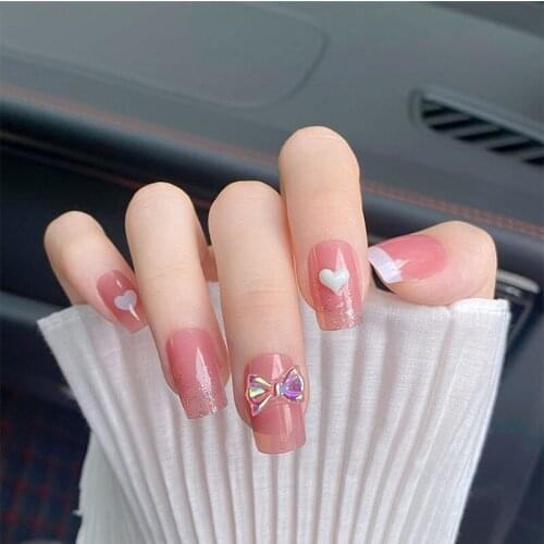 24pcs/Set Pretty Heart Bowknot False Nails Square Head Pink Wedding Bride Acrylic Nail Decoration Art with Glue Beauty Full Tips