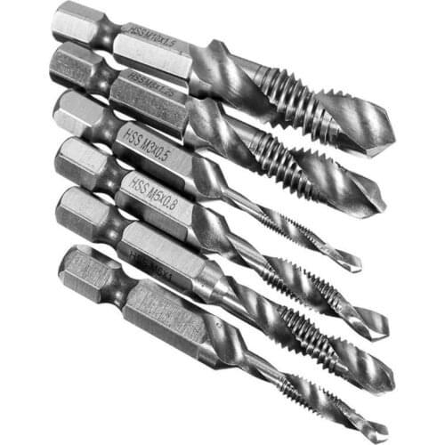 6pcs M3-M10 Screw Tap Drill Bits HSS Taps Countersink Deburr Set Metric Combination Bit 1/4Inch Hex Shank Quick Change F7QC