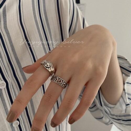 925 Sterling Silver Rings For Women Opening Adjustable Smile Face Twist Letter Desgin Fashion Personality Female Jewelry INEFFA