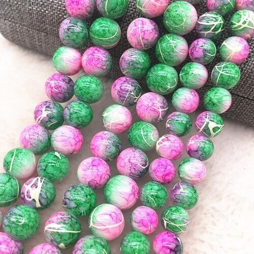 Wholesale 4/6/8/10mm Pink&green Glass Beads Round Loose Spacer Beads Pattern For Jewelry Making DIY Bracelet Necklace #02