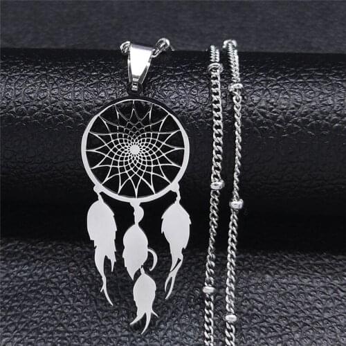 Feather Dream Catcher Stainless Steel Necklace Chain for Women/Men Silver Color Pendants Necklaces Jewelry colgante N7021S04