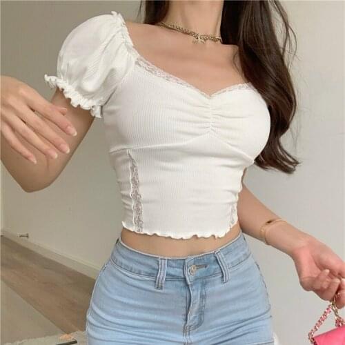 Womens Short Trim White Short-sleeved T-shirts Lace Bubble Sleeve Sexy Female Tops 2021 Summer New Solid Color Tees Streetwear