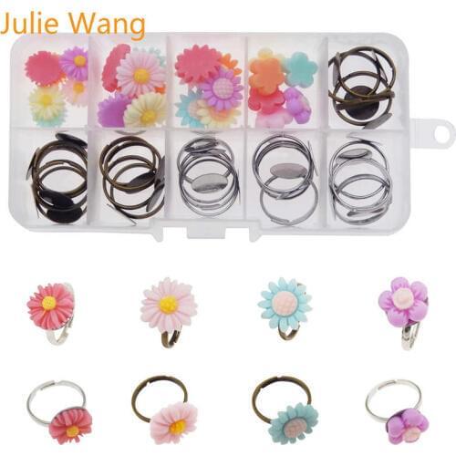 Julie Wang 48PCS/Box Adjustable Rings Base Antique Bronze Silver Setting Resin Flowers Cabochons Jewelry Making Accessory Set