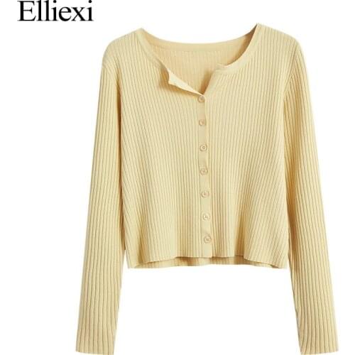 Elliexi Long Sleeve Knitted Tops Cardigan Vintage Stylish Solid Color Knitted Cardigan Women O Neck Thin Slim Autumn Sweater Top
