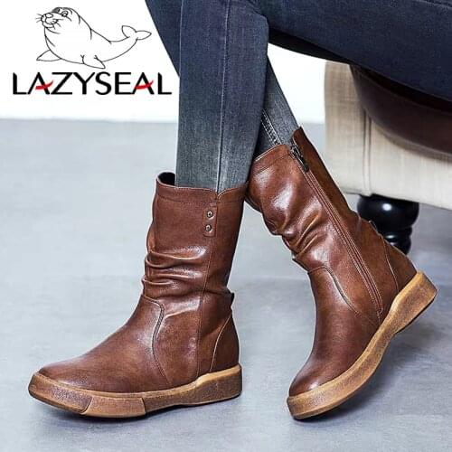 LazySeal Mid Calf Boots Plus Size 35-43 Zapatos Mujer Zipper Leather Shoes Woman Military Flat Heel Motorcycle Boots Winter Boot