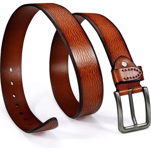 Hi-Tie Vintage Fashion Cowboy Cow Belts Men Pin Buckle Orange Brown Genuine Leather Mens Casual Jeans Belt Luxury Straps 130cm