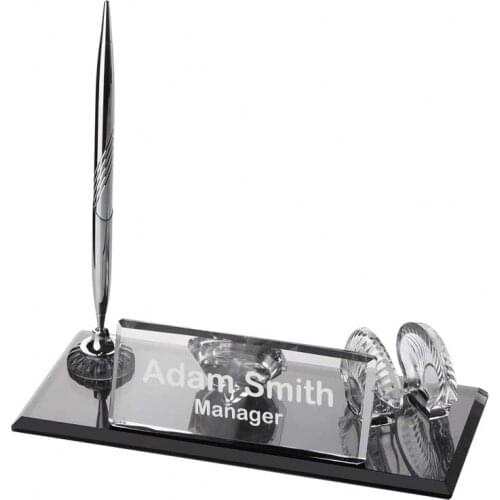 Crystal Glass Desk Name Plate and Pen Desk Stand Set - Personalized Name Plate, Crystal Clock, Custom Engraved Awards, Teachers