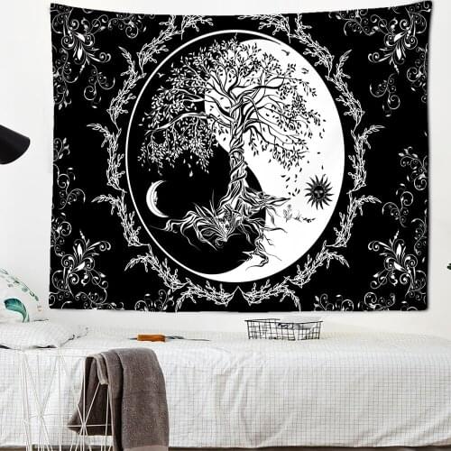 Sun Moon Vine Tapestry Wall Hanging Black And White Printing Bohemian Hippie Psychedelic Tarot Mystic Witchcraft Home Decor