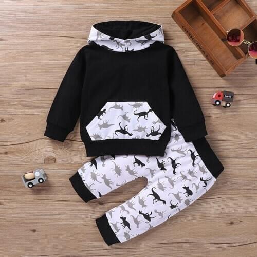 New Toddler Boy Clothes Fashion Clothes 2pcs Set Cartoon Dinosaur Print Patchwork Long Sleeve Hoodies Sweater Tops+trousers 0-3Y