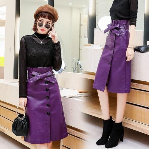 Office Lady Bodycon Package Hip A-Line Skirt New Women PU Leather Skirts Autumn Winter Split High Waist Long Skirts With Belt