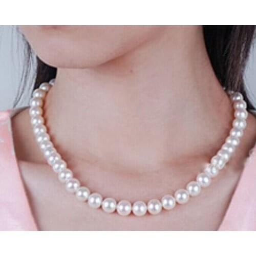 18"8-10mm natural south sea genuine white round pearl necklace925 silver