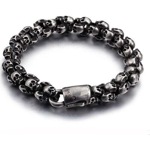 Punk Long Matte Skull Bracelets For Men Stainless Steel Brushed Skull Charm Link Chain Male Gothic Jewelry