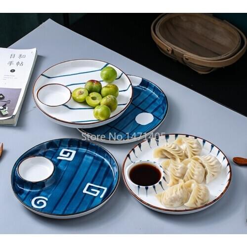 Japanese Hand-painted Ceramic Dumpling Plate Home Large Steamed Dumpling Tray Compartment Plate with Vinegar Dish Creative Dish