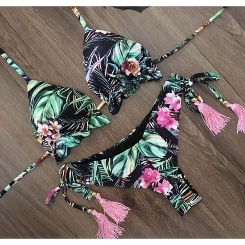 Sexy mulheres micro impressão biquinis definir push up acolchoado sutiã thongs roupa de banho neon bandagem maiô