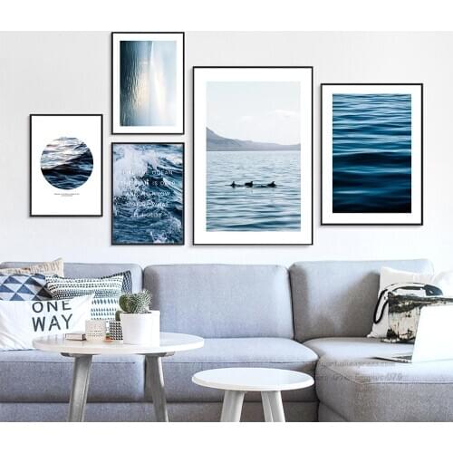 Nordic Seascape Wall Art Canvas Painting Blue Seawater Letter Posters and Prints Decorative Picture Modern Home Decoration