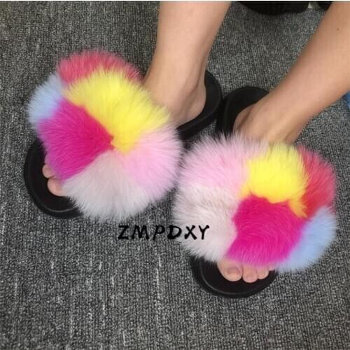 Winter Kids/Childrens Fluffy Raccoon fur Slides Ladies Fuzzy Flip Flops Womens Real Fox Fur Slippers Plush Shoes Fur Sandals