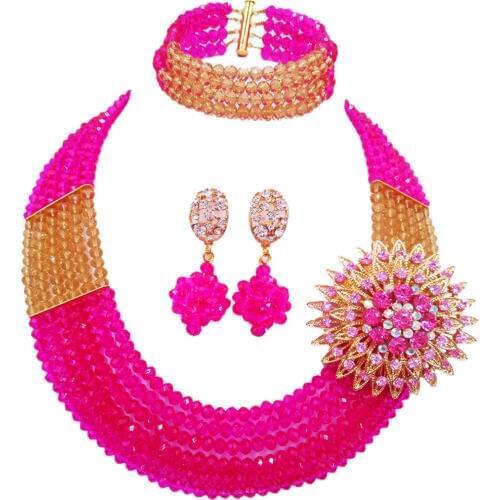 Hot Pink Champagne Gold Nigerian Wedding African Beads Jewelry Set Crystal Beaded Costume Necklace 6C-SS039